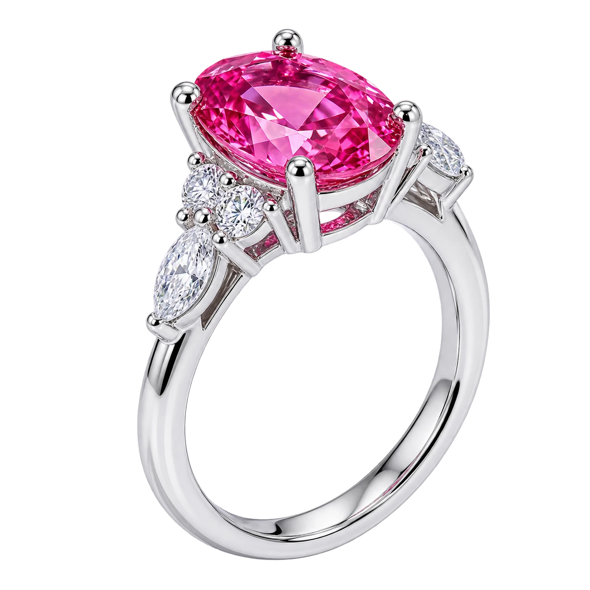 Oval Cut Pink Sapphire Ring with Marquise and Round Diamond Accents