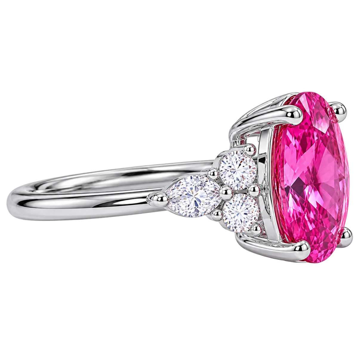 Oval Cut Pink Sapphire Ring with Marquise and Round Diamond Accents