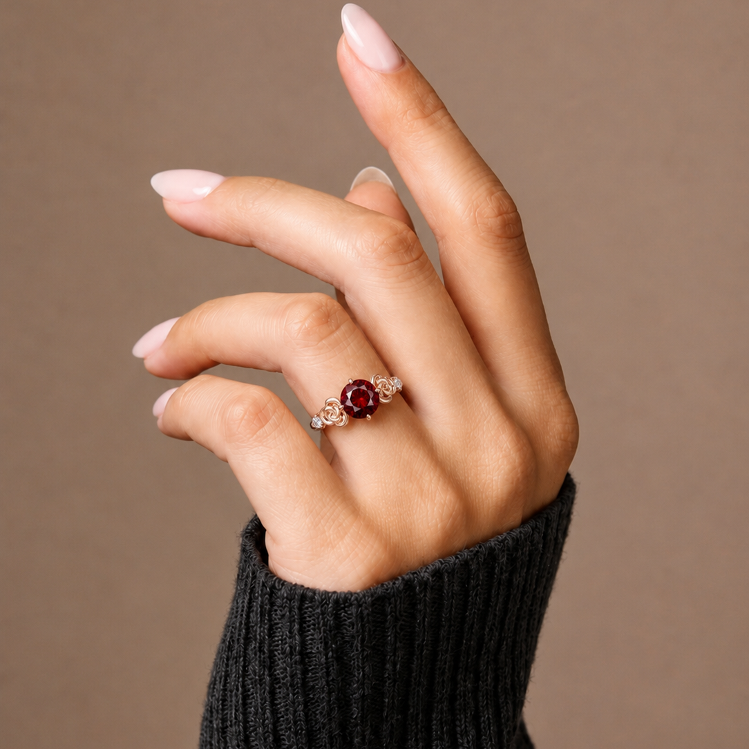 Round Red Ruby Engagement Ring with Floral Rose Details and Diamond Accents