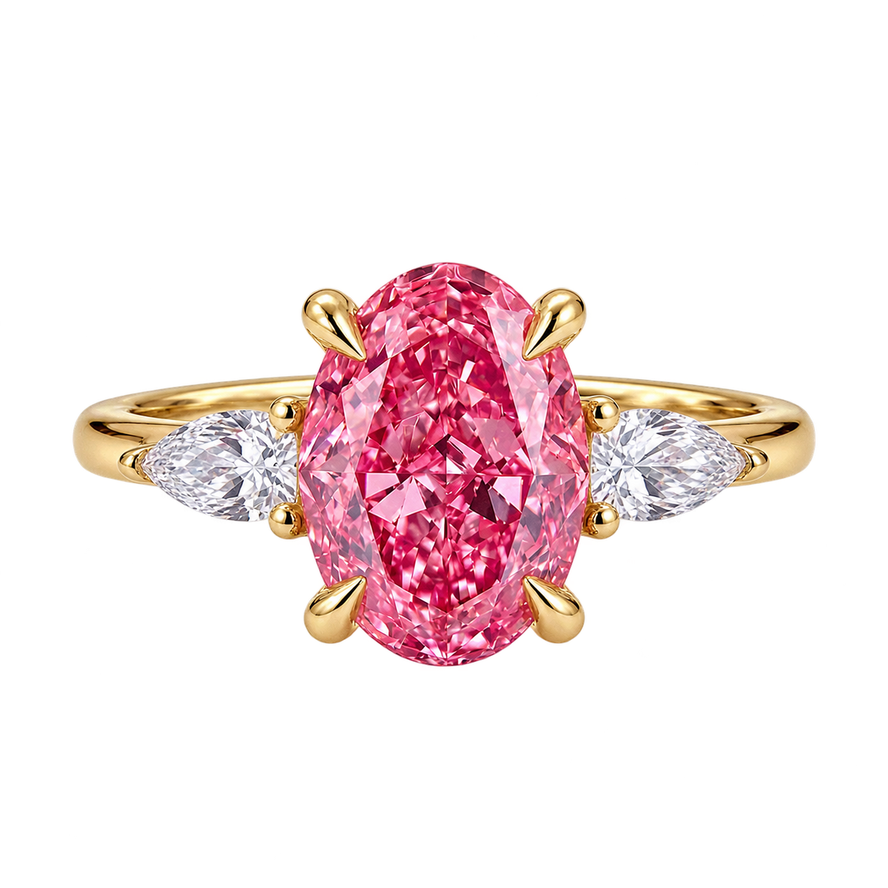 Oval Pink Sapphire Three Stone Lab Grown Diamond Engagement Ring with Pear Side Stones