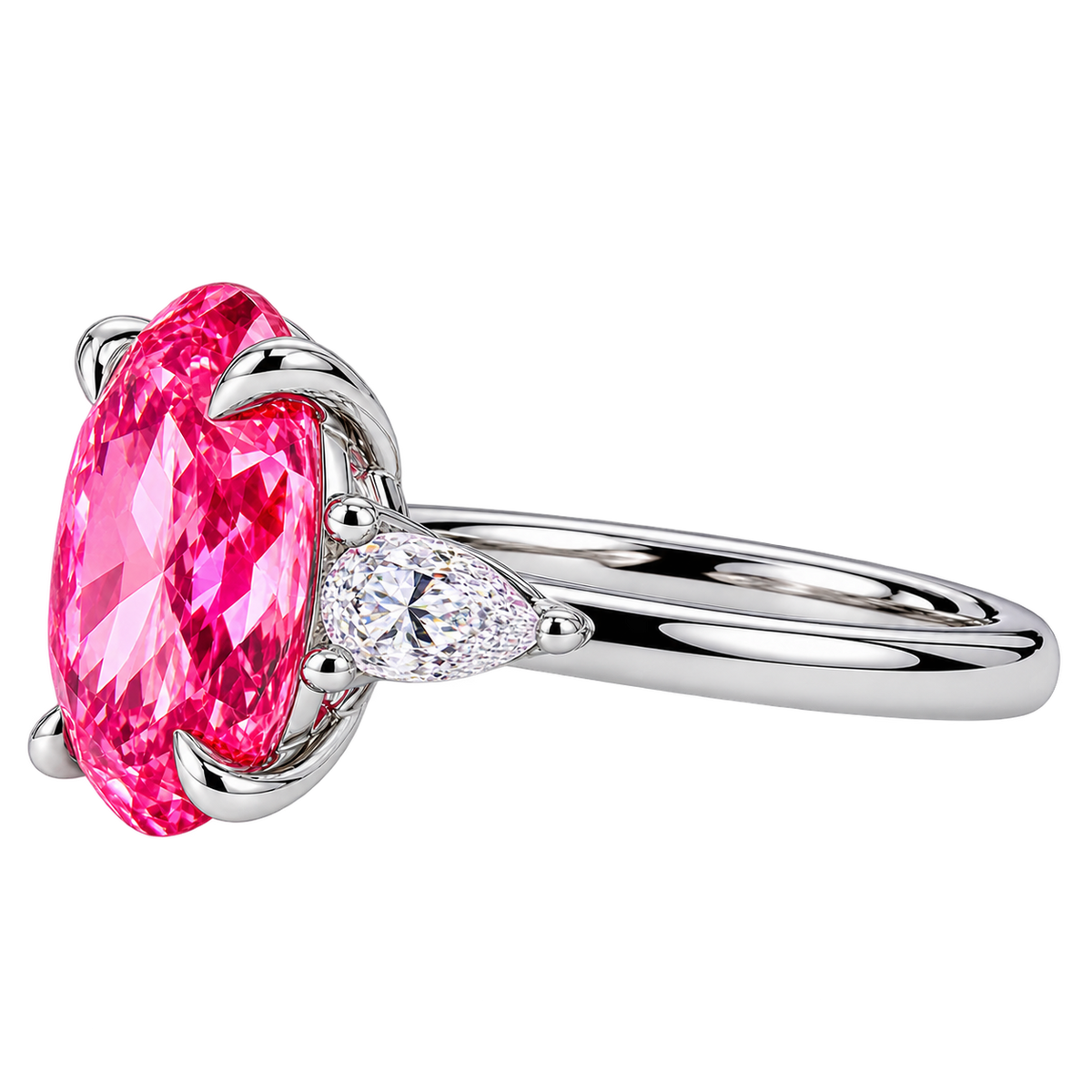 Oval Pink Sapphire Three Stone Lab Grown Diamond Engagement Ring with Pear Side Stones