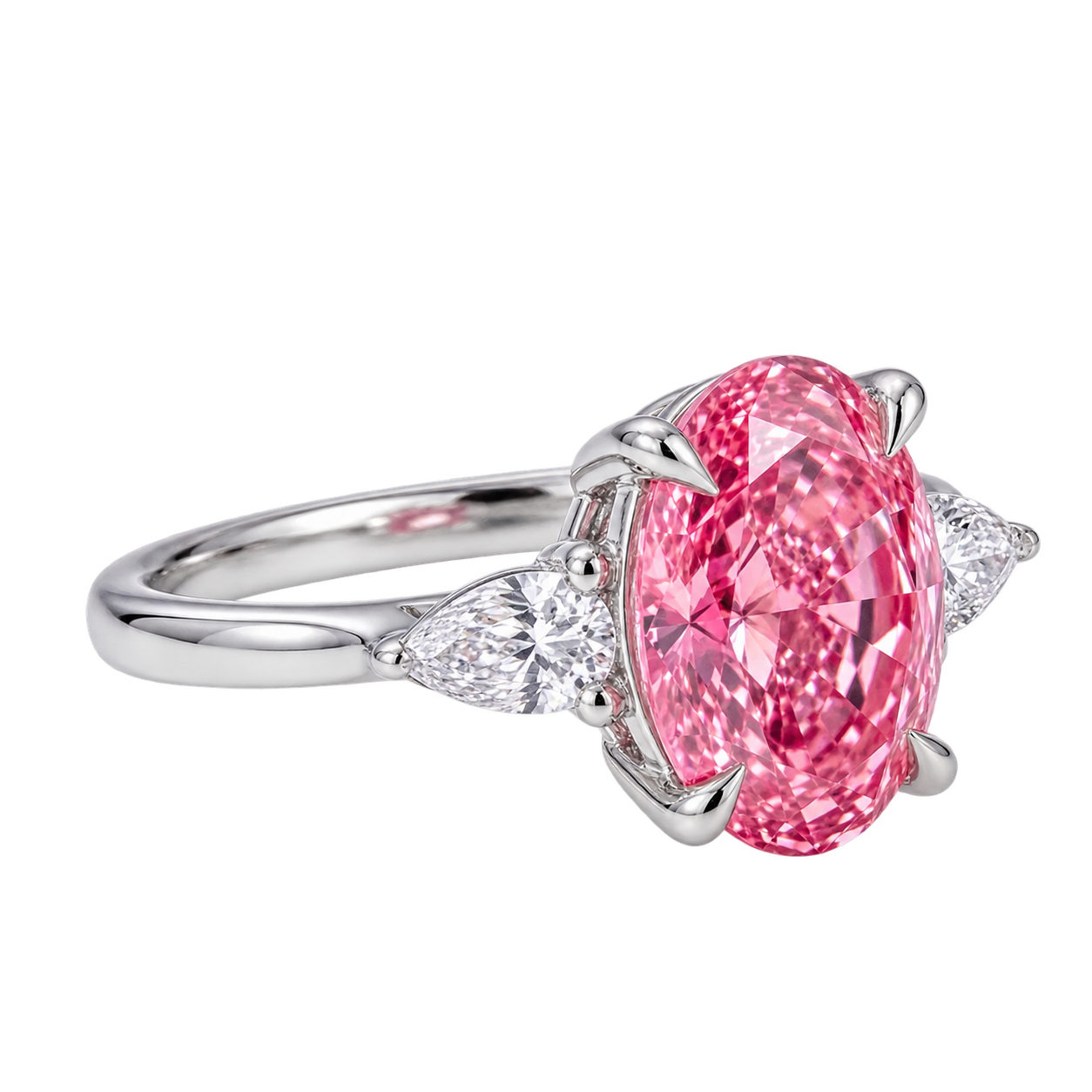 Oval Pink Sapphire Three Stone Lab Grown Diamond Engagement Ring with Pear Side Stones