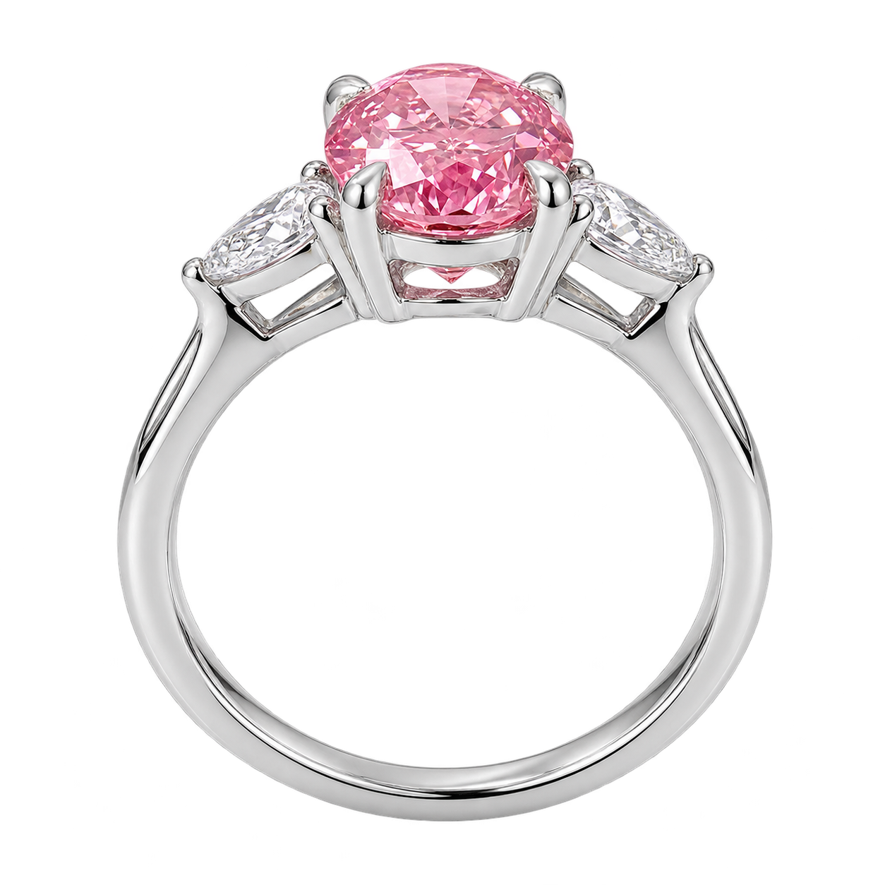 Oval Pink Sapphire Three Stone Lab Grown Diamond Engagement Ring with Pear Side Stones