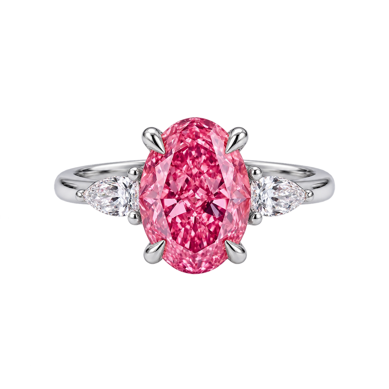 Oval Pink Sapphire Three Stone Lab Grown Diamond Engagement Ring with Pear Side Stones