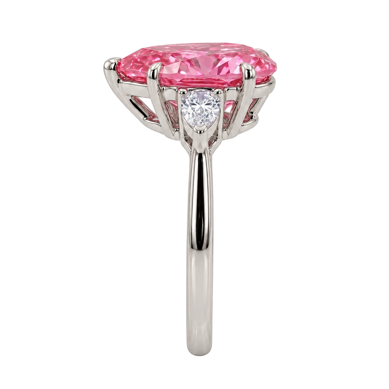 Pear Cut Pink sapphire Engagement Ring with Trillion Diamond Side Stones