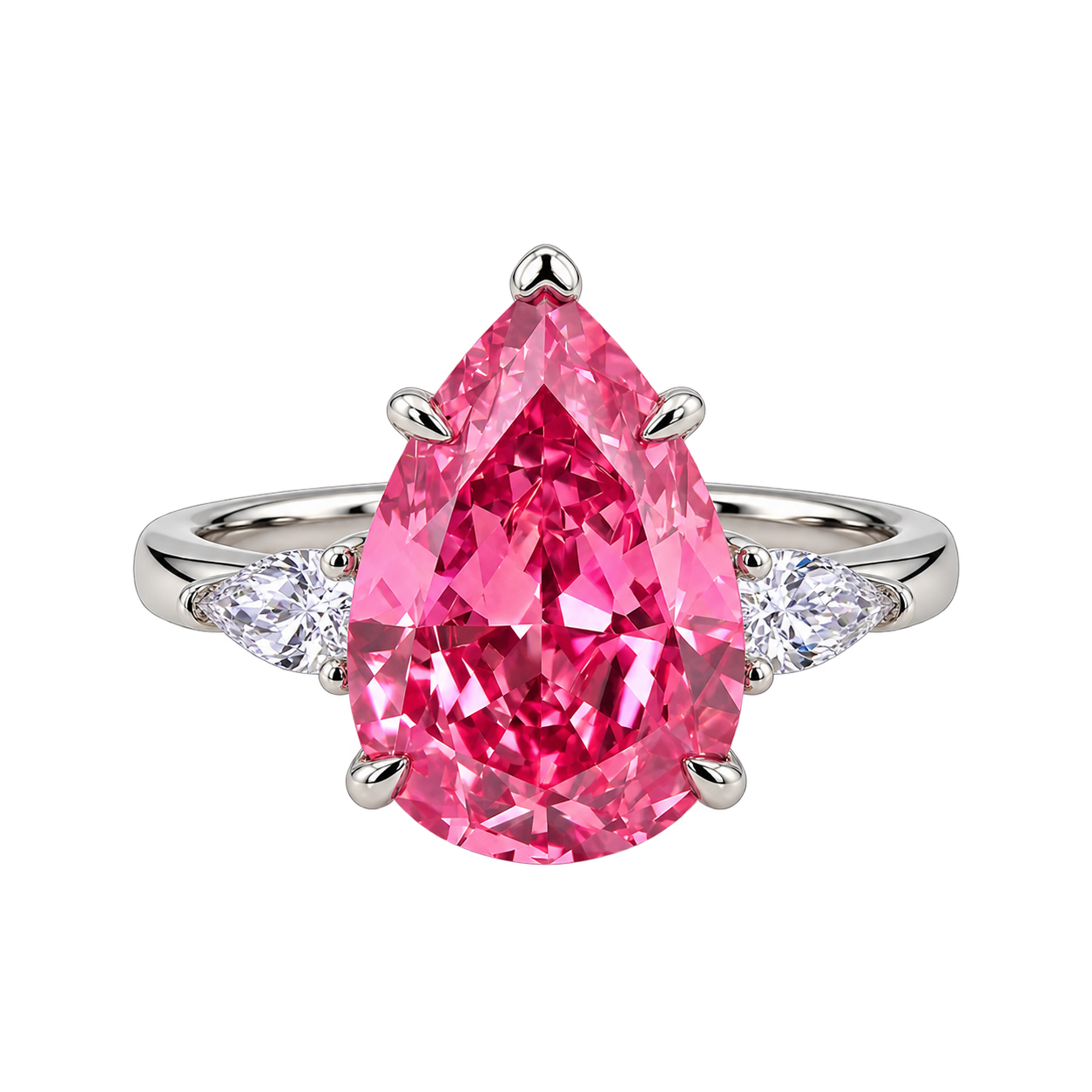 Pear Cut Pink sapphire Engagement Ring with Trillion Diamond Side Stones