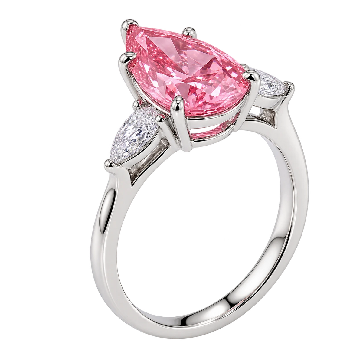 Pear Cut Pink sapphire Engagement Ring with Trillion Diamond Side Stones