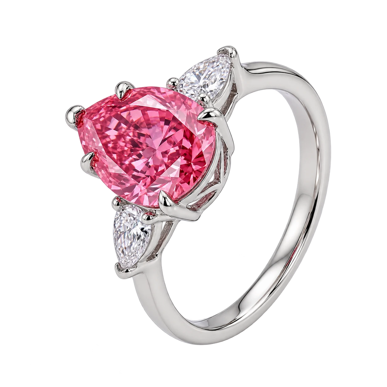 Pear Cut Pink sapphire Engagement Ring with Trillion Diamond Side Stones