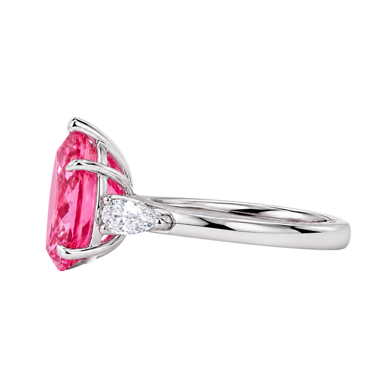 Pear Cut Pink sapphire Engagement Ring with Trillion Diamond Side Stones