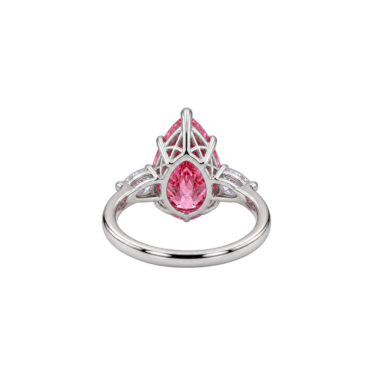 Pear Cut Pink sapphire Engagement Ring with Trillion Diamond Side Stones
