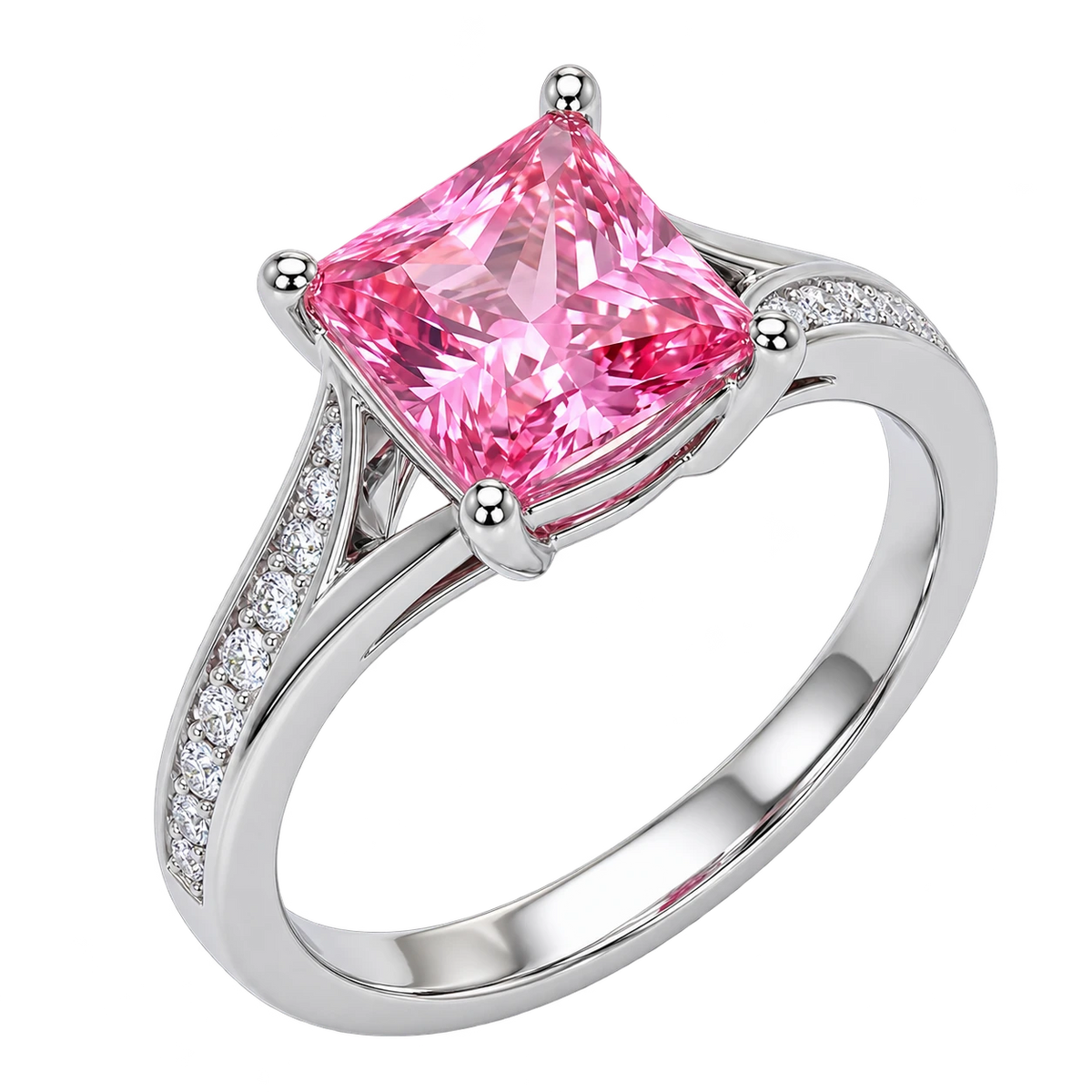 Princess Cut Pink Sapphire Engagement Ring with Diamond Accent Band