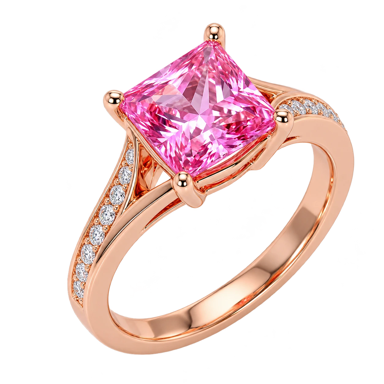 Princess Cut Pink Sapphire Engagement Ring with Diamond Accent Band