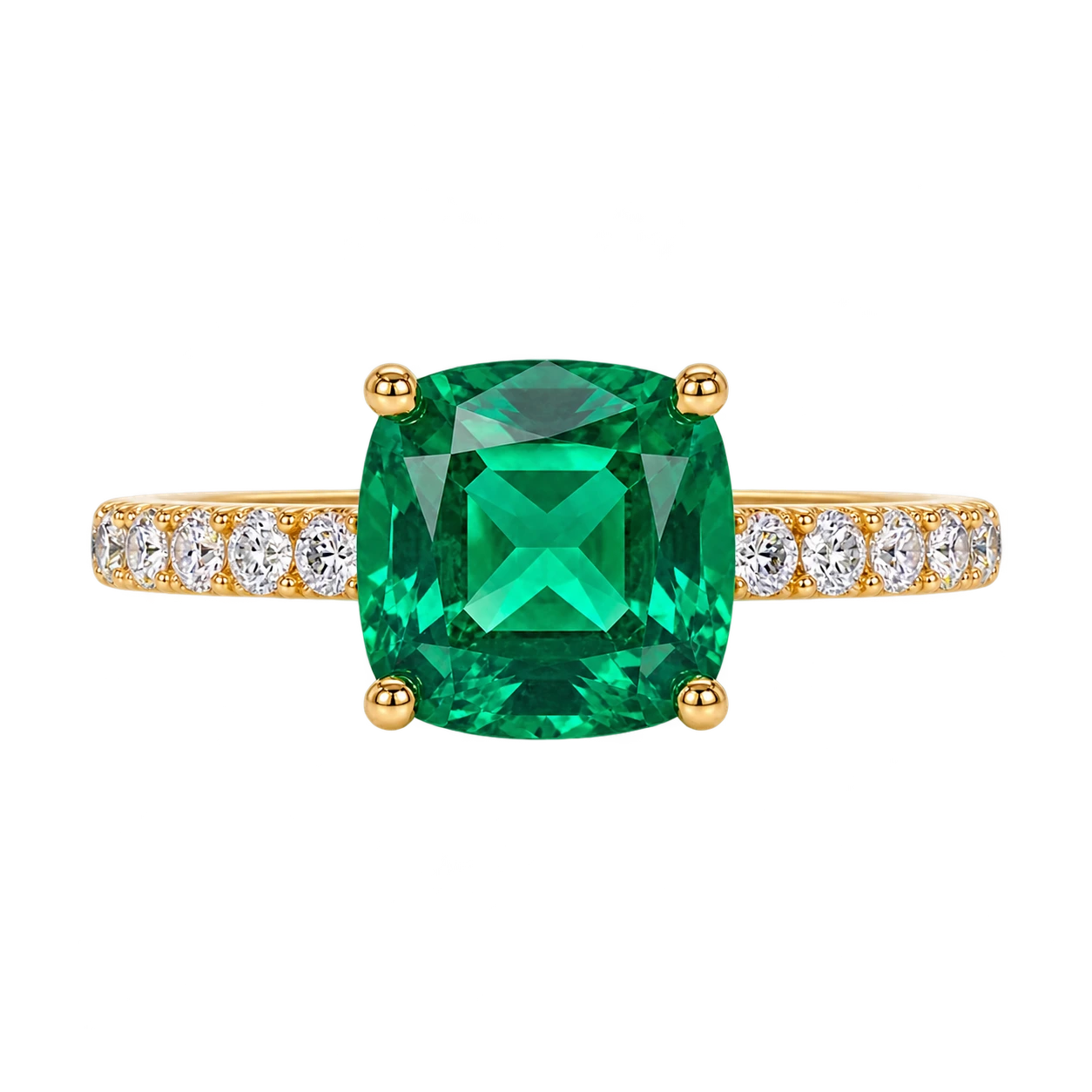 Cushion Cut Lab Grown Emerald Engagement Ring with Pavé Accents – Classic Solitaire Inspired Design