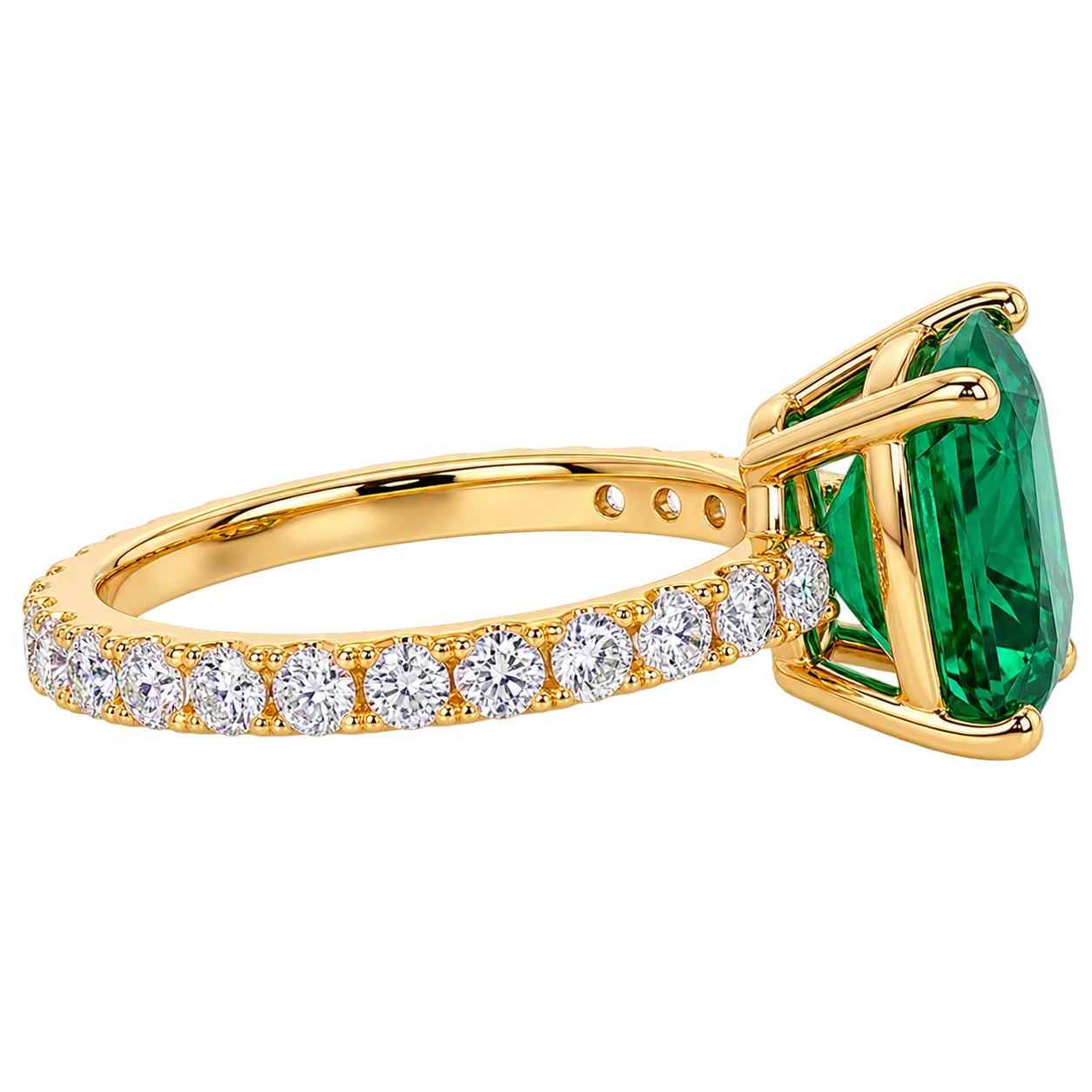 Cushion Cut Lab Grown Emerald Engagement Ring with Pavé Accents – Classic Solitaire Inspired Design