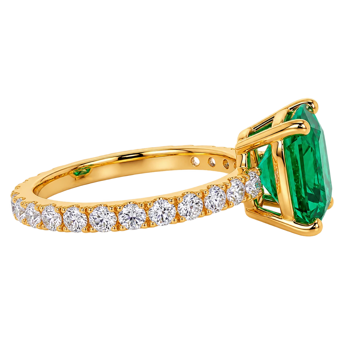 Cushion Cut Lab Grown Emerald Engagement Ring with Pavé Accents – Classic Solitaire Inspired Design