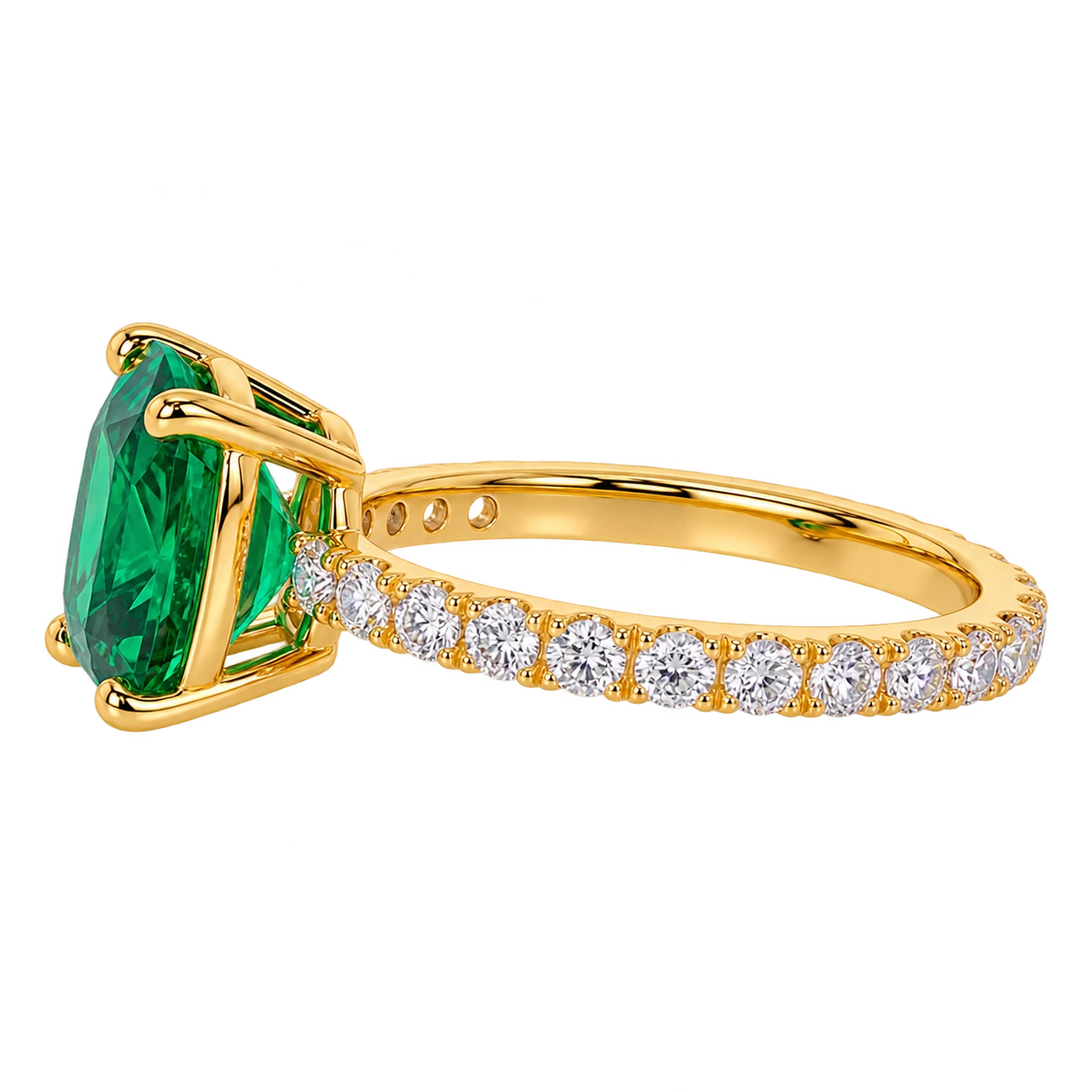 Cushion Cut Lab Grown Emerald Engagement Ring with Pavé Accents – Classic Solitaire Inspired Design