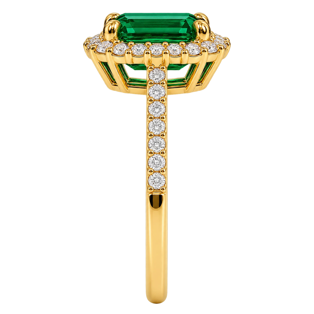 Emerald Cut Lab Grown Emerald Halo Engagement Ring with Pavé Band – Vintage Inspired Statement Ring