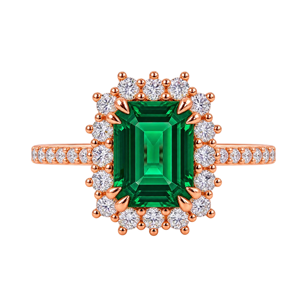 Emerald Cut Lab Grown Emerald Halo Engagement Ring with Pavé Band – Vintage Inspired Statement Ring