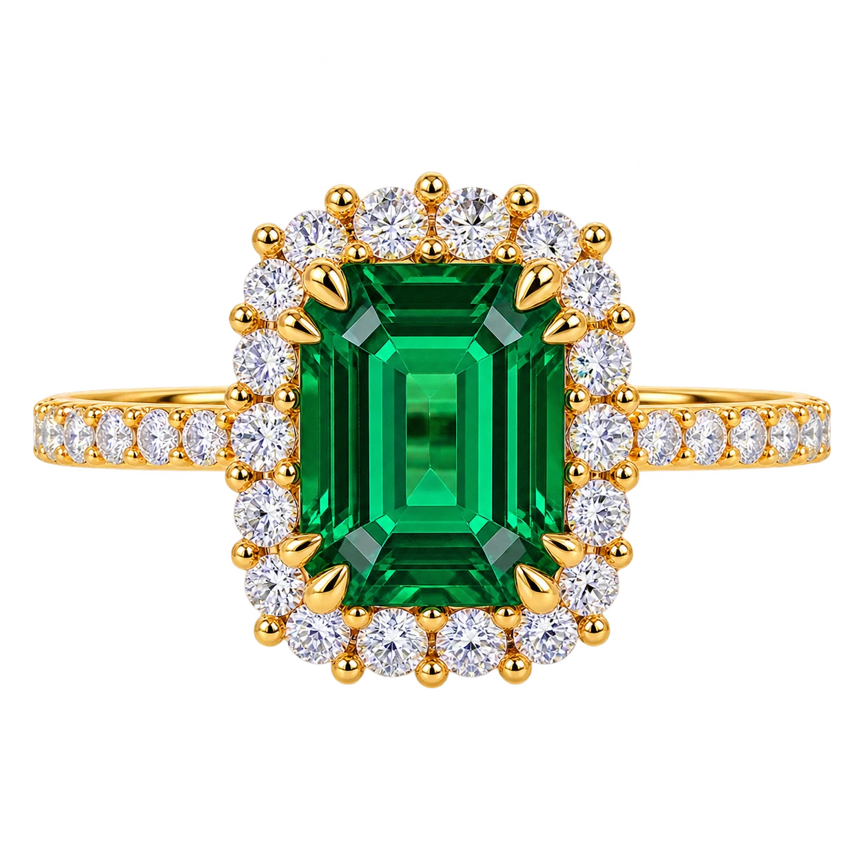 Emerald Cut Lab Grown Emerald Halo Engagement Ring with Pavé Band – Vintage Inspired Statement Ring