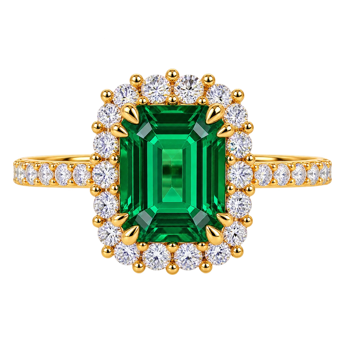 Emerald Cut Lab Grown Emerald Halo Engagement Ring with Pavé Band – Vintage Inspired Statement Ring