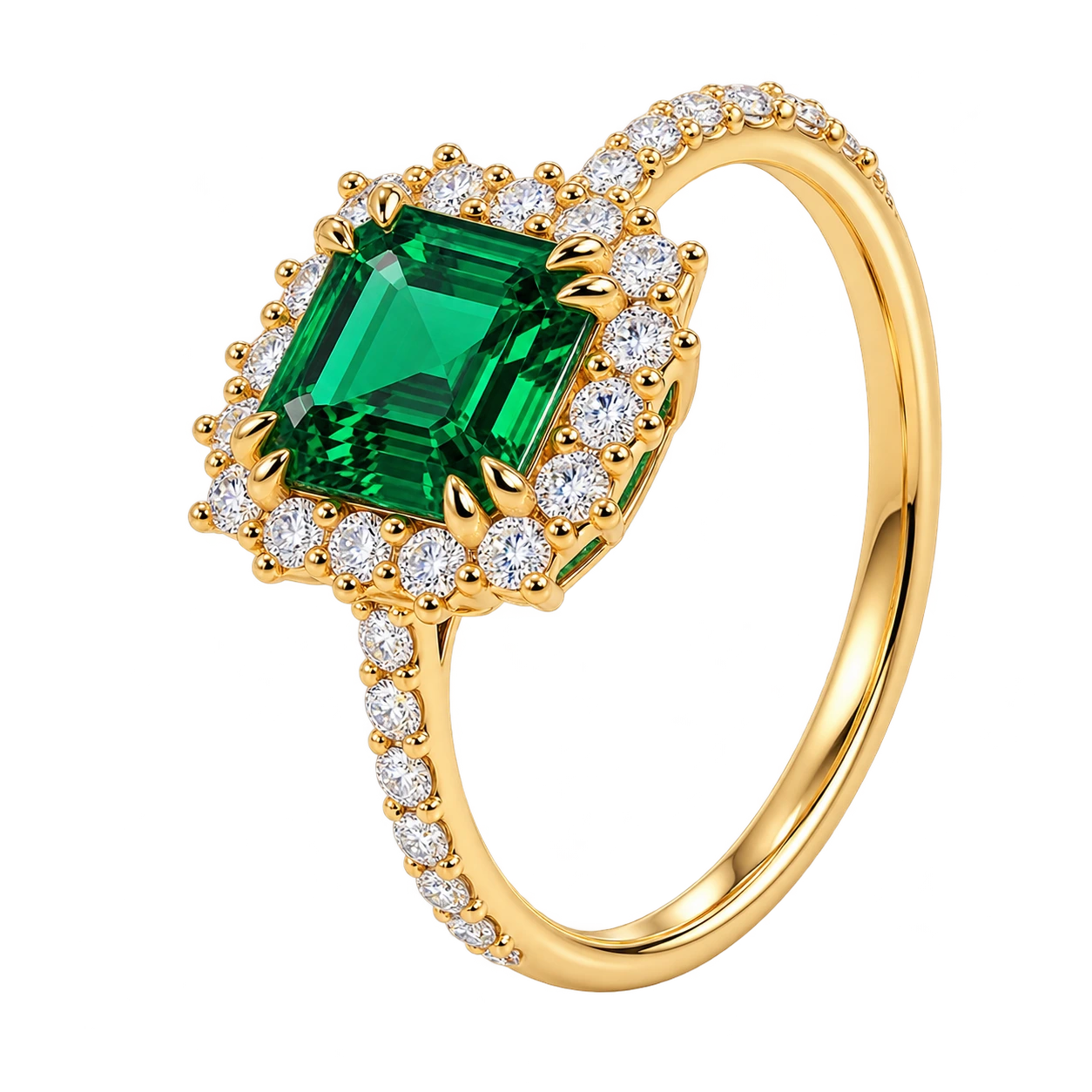 Emerald Cut Lab Grown Emerald Halo Engagement Ring with Pavé Band – Vintage Inspired Statement Ring