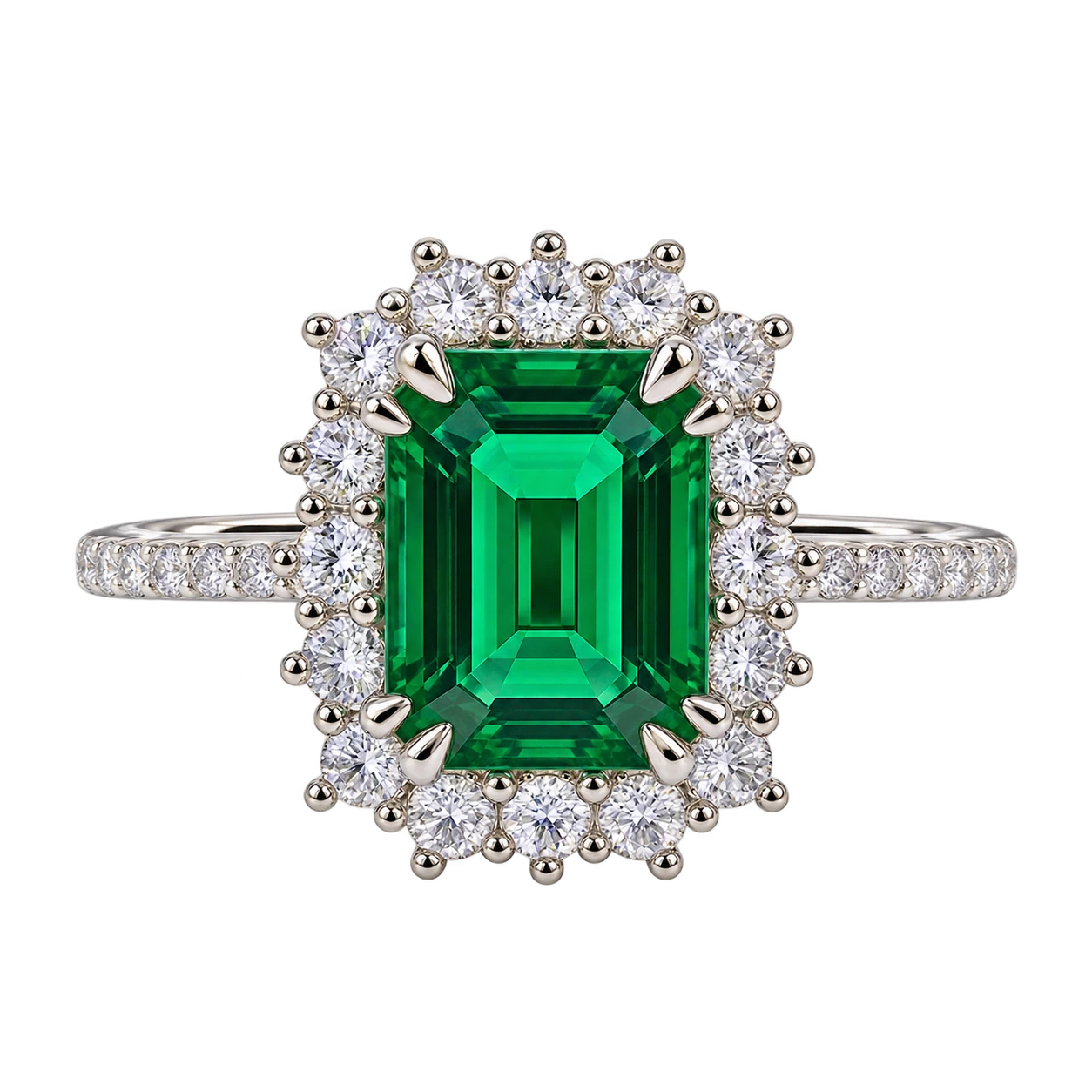 Emerald Cut Lab Grown Emerald Halo Engagement Ring with Pavé Band – Vintage Inspired Statement Ring