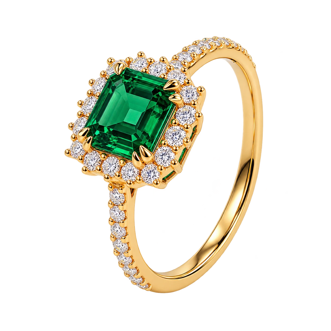 Emerald Cut Lab Grown Emerald Halo Engagement Ring with Pavé Band – Vintage Inspired Statement Ring