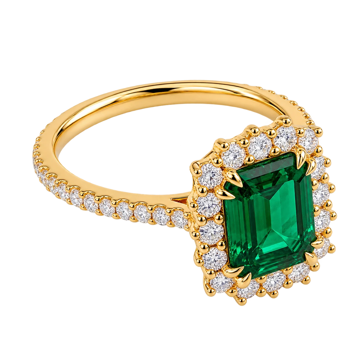 Emerald Cut Lab Grown Emerald Halo Engagement Ring with Pavé Band – Vintage Inspired Statement Ring