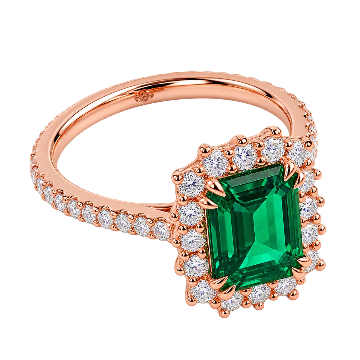 Emerald Cut Lab Grown Emerald Halo Engagement Ring with Pavé Band – Vintage Inspired Statement Ring