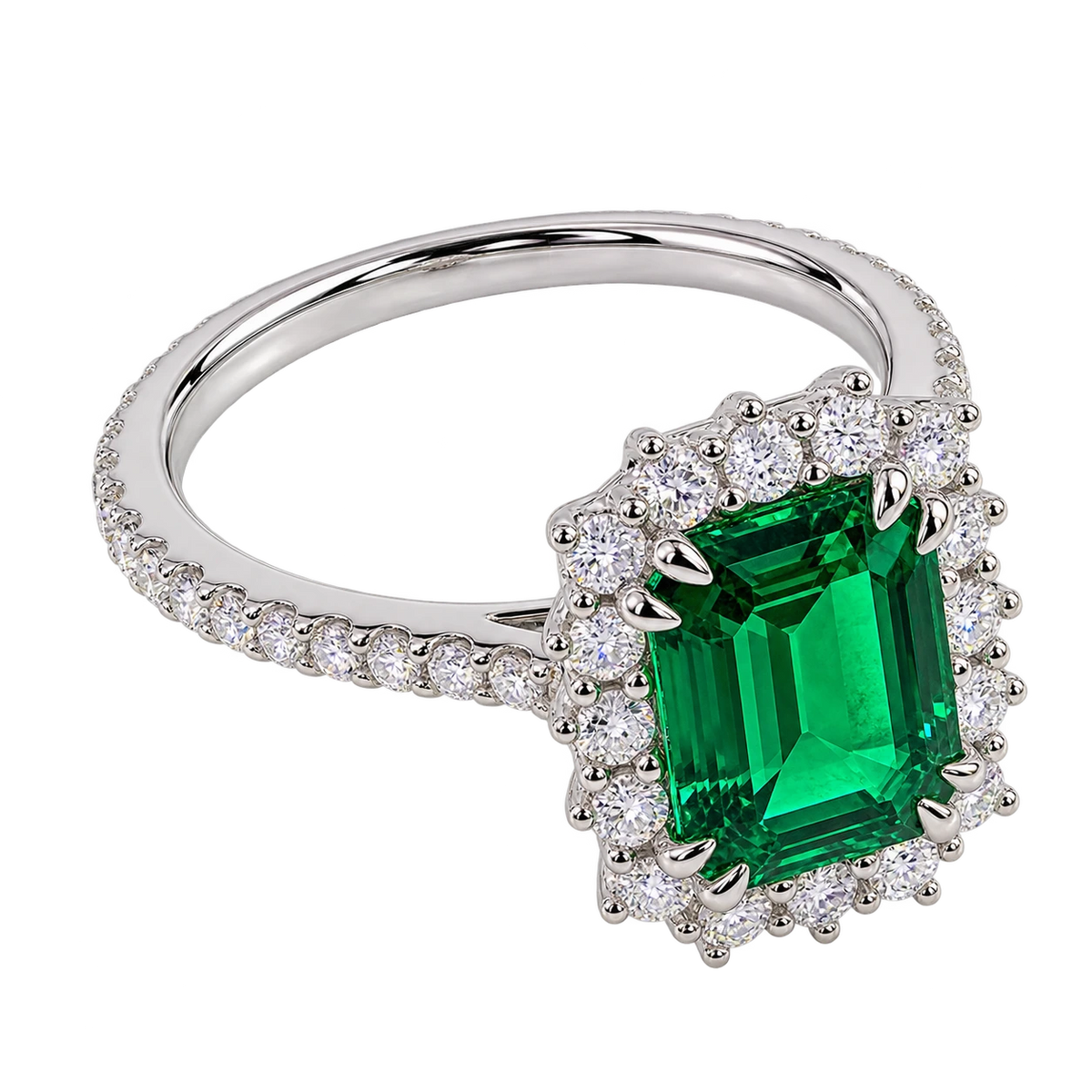 Emerald Cut Lab Grown Emerald Halo Engagement Ring with Pavé Band – Vintage Inspired Statement Ring