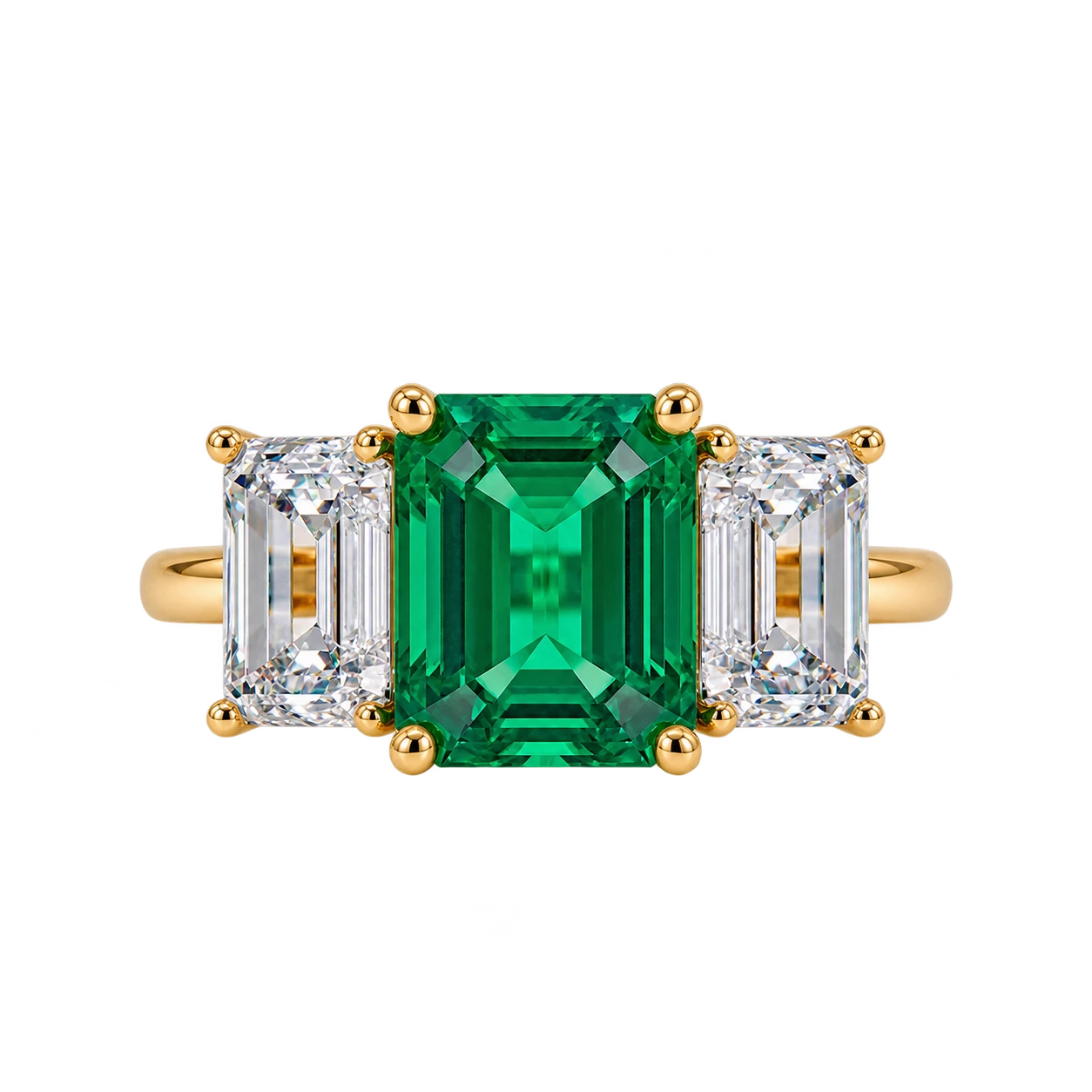 Emerald Cut Lab Grown Emerald Three Stone Engagement Ring with Emerald Side Stones