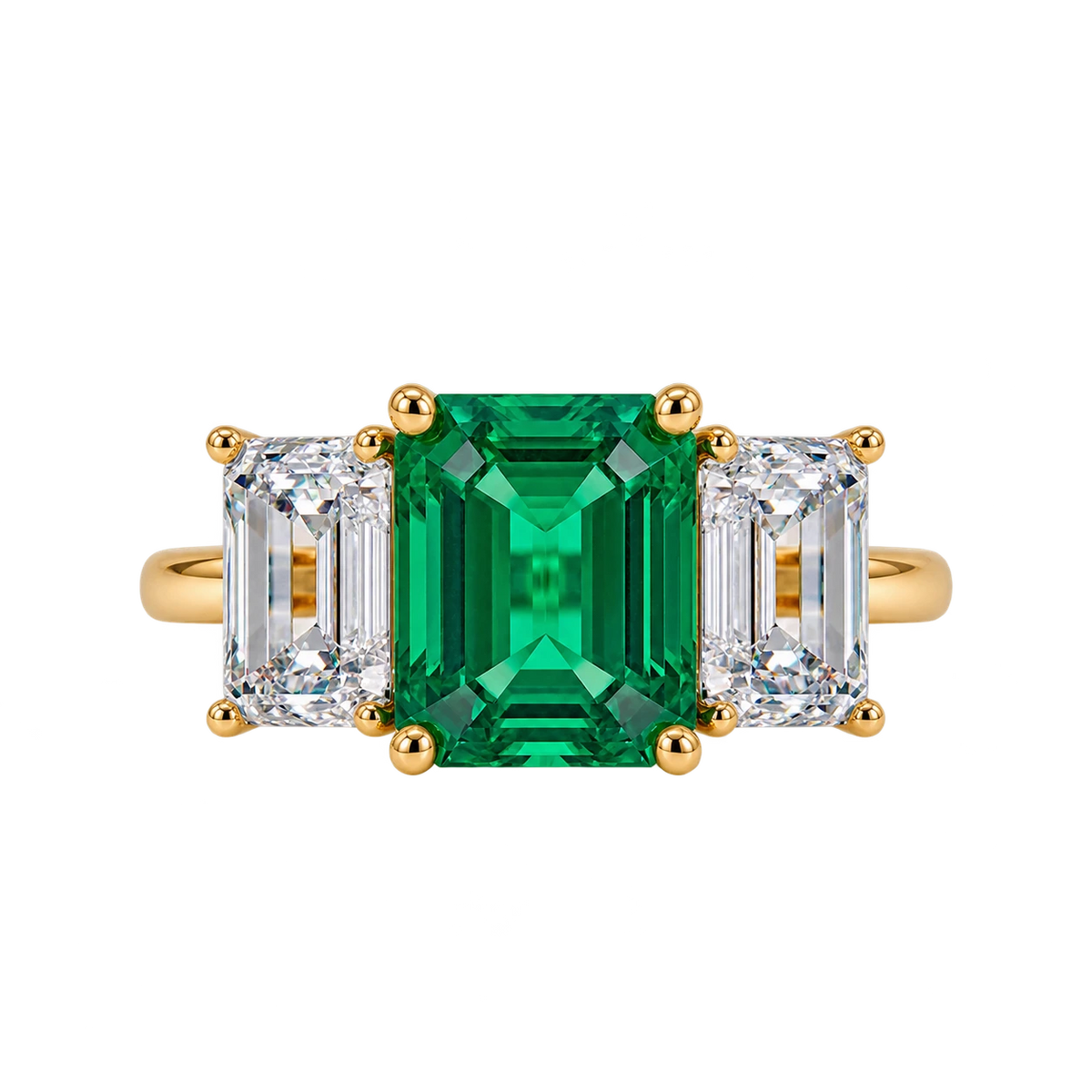 Emerald Cut Lab Grown Emerald Three Stone Engagement Ring with Emerald Side Stones