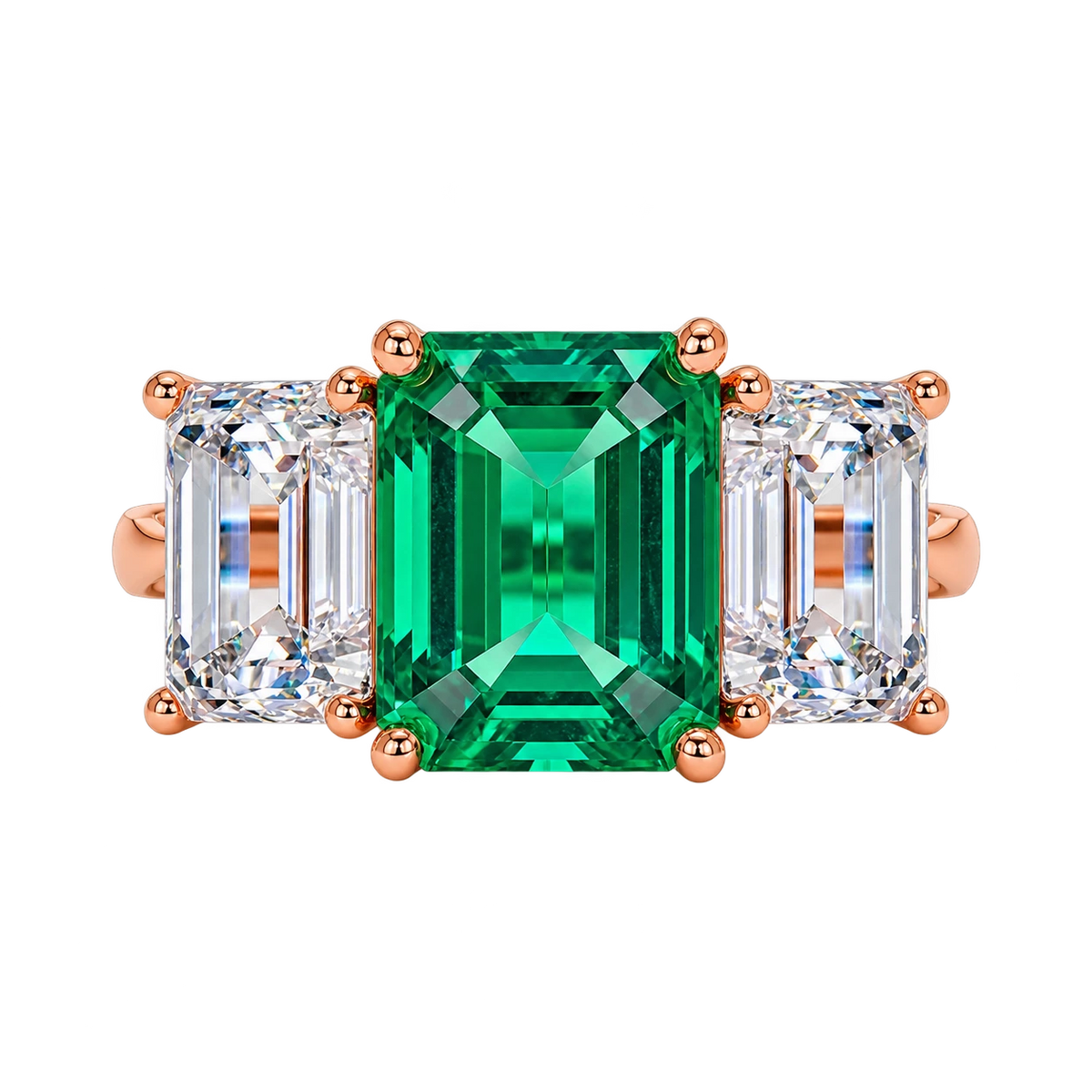 Emerald Cut Lab Grown Emerald Three Stone Engagement Ring with Emerald Side Stones