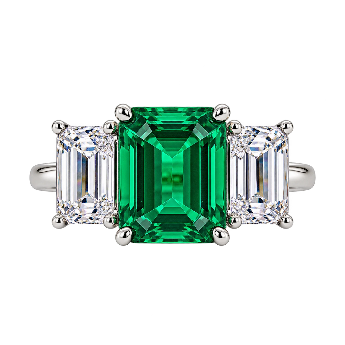 Emerald Cut Lab Grown Emerald Three Stone Engagement Ring with Emerald Side Stones