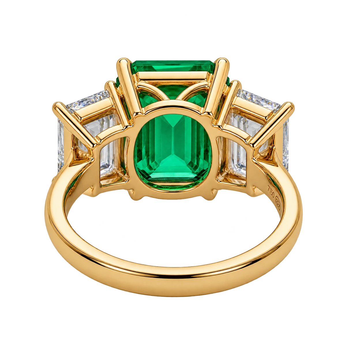 Emerald Cut Lab Grown Emerald Three Stone Engagement Ring with Emerald Side Stones
