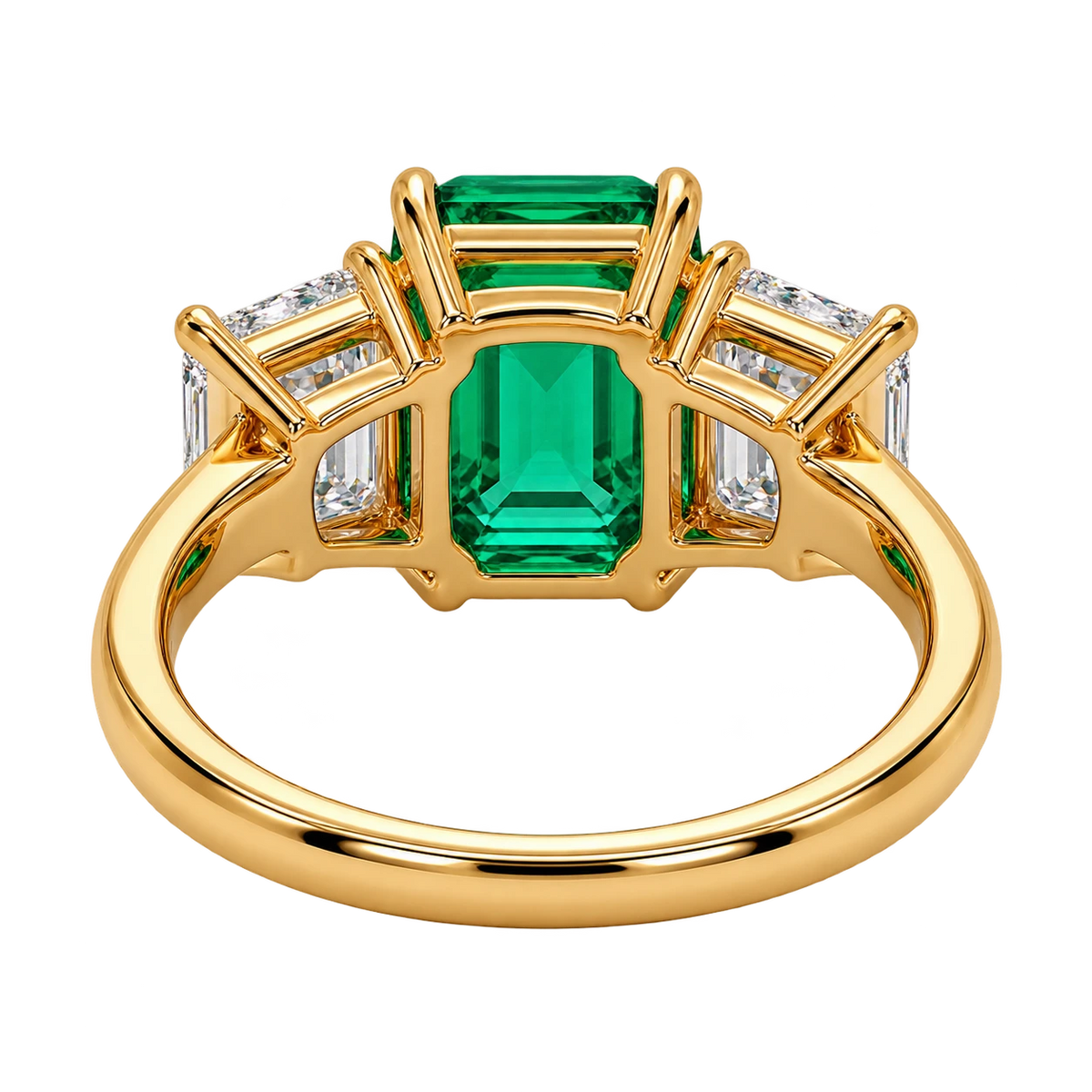 Emerald Cut Lab Grown Emerald Three Stone Engagement Ring with Emerald Side Stones