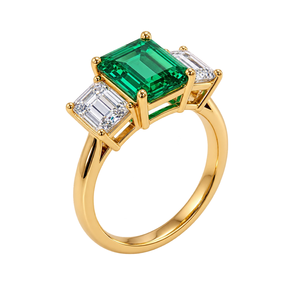 Emerald Cut Lab Grown Emerald Three Stone Engagement Ring with Emerald Side Stones