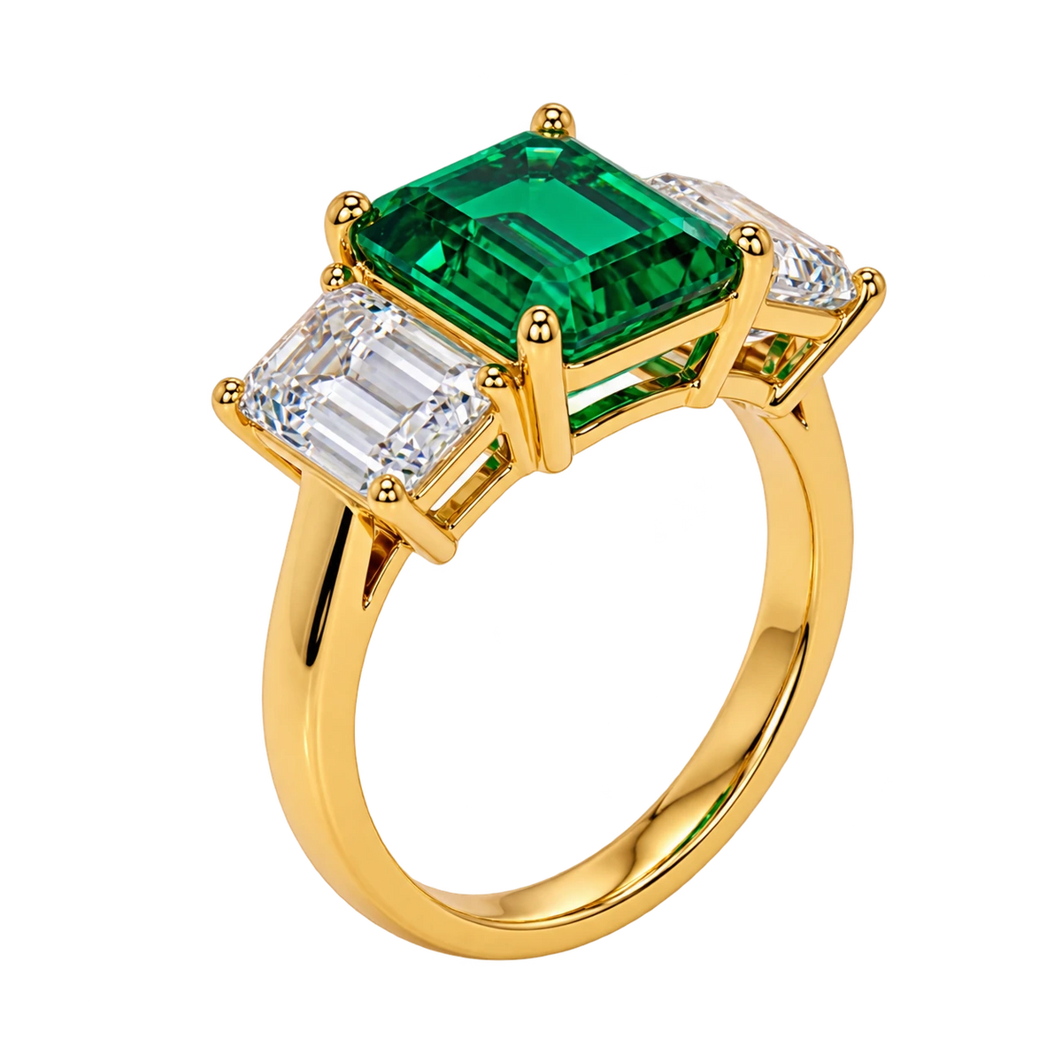 Emerald Cut Lab Grown Emerald Three Stone Engagement Ring with Emerald Side Stones