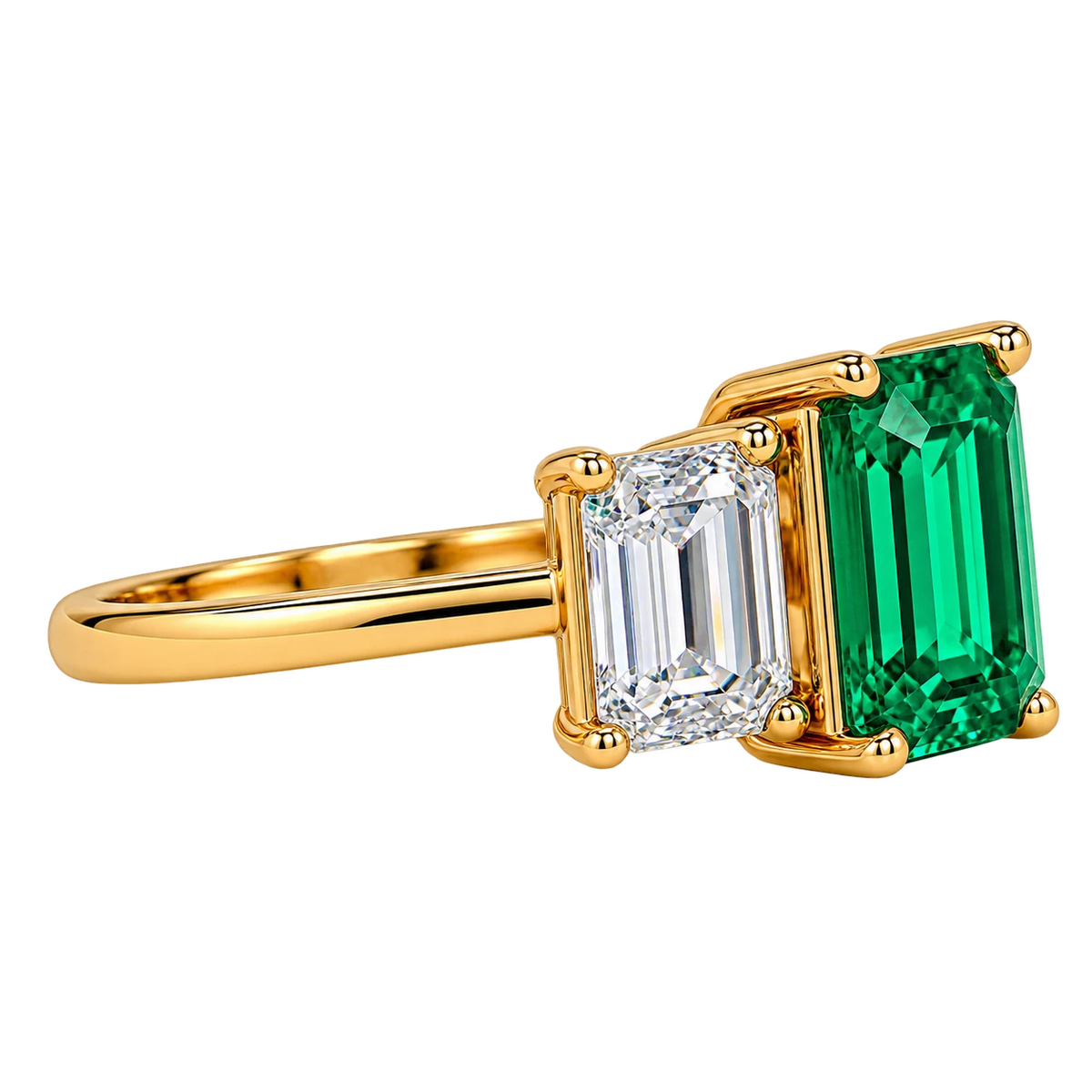 Emerald Cut Lab Grown Emerald Three Stone Engagement Ring with Emerald Side Stones