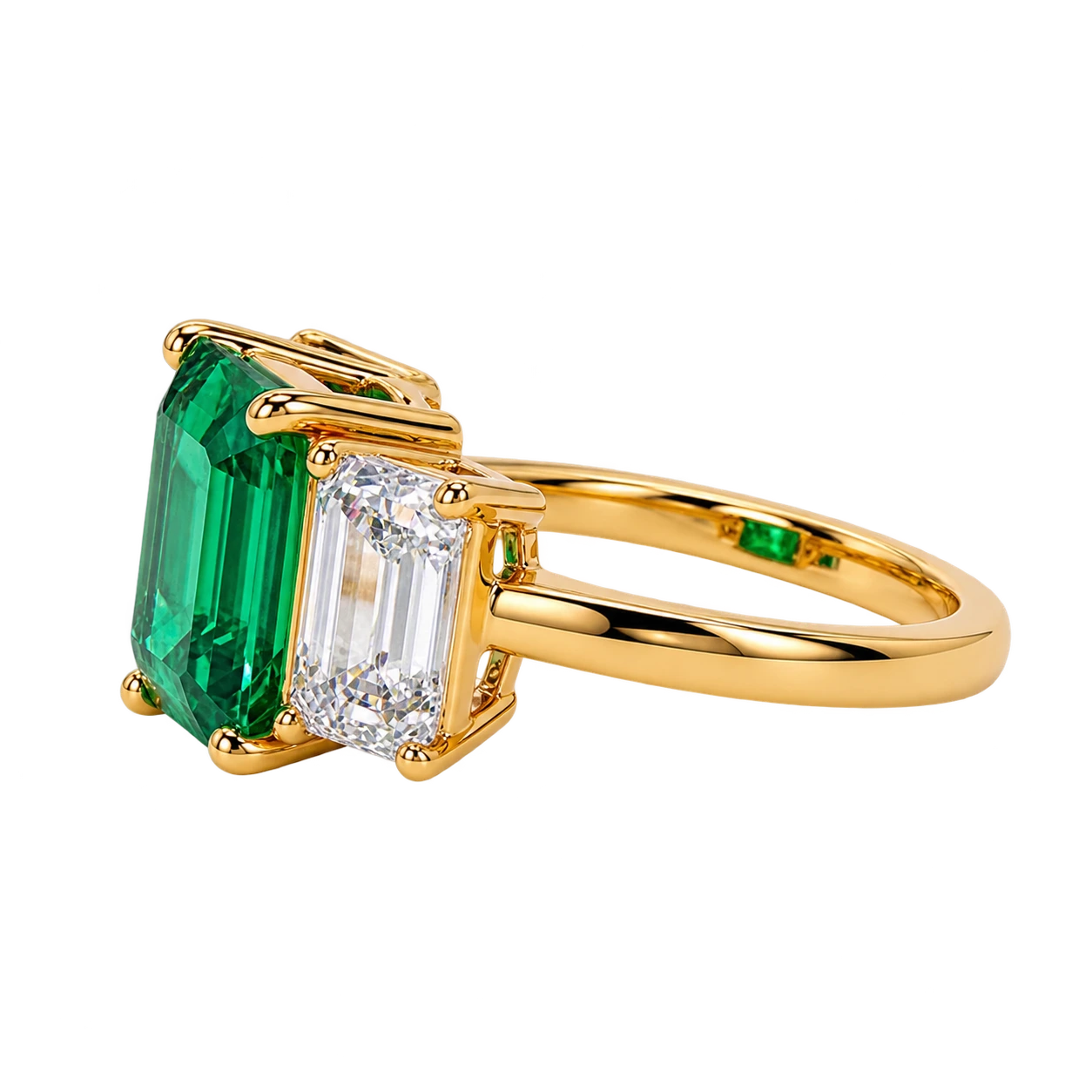 Emerald Cut Lab Grown Emerald Three Stone Engagement Ring with Emerald Side Stones
