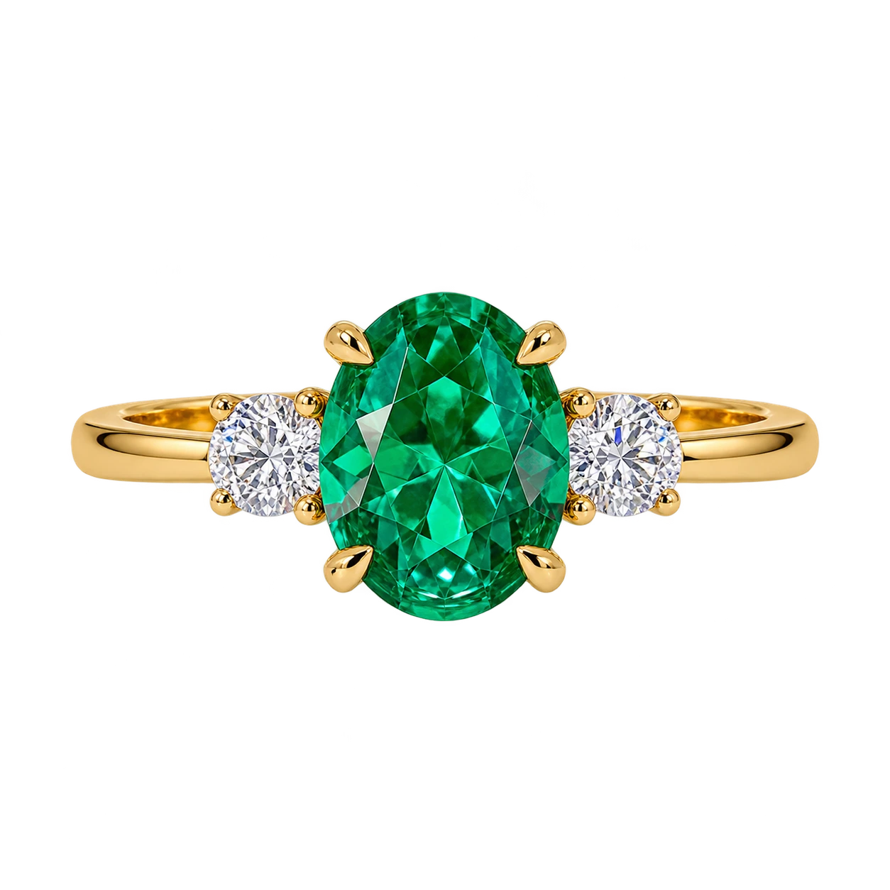 Oval Lab Grown Emerald Three Stone Engagement Ring with Round Side Stones – Timeless Vintage Inspired Bridal Ring