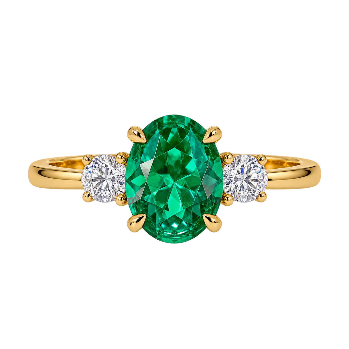 Oval Lab Grown Emerald Three Stone Engagement Ring with Round Side Stones – Timeless Vintage Inspired Bridal Ring
