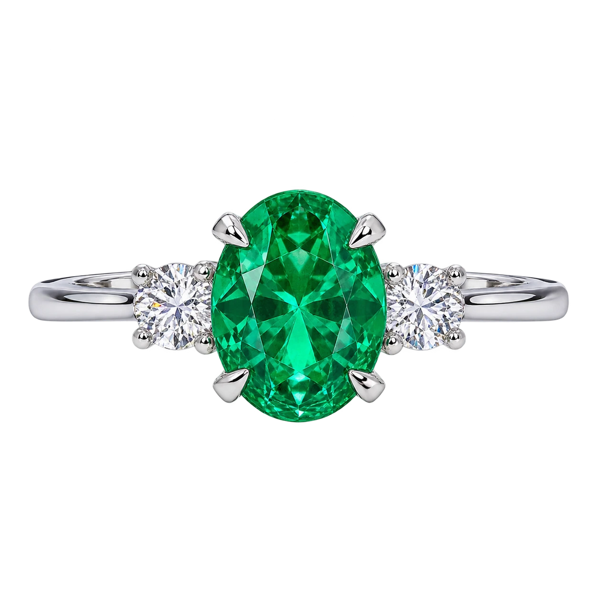 Oval Lab Grown Emerald Three Stone Engagement Ring with Round Side Stones – Timeless Vintage Inspired Bridal Ring
