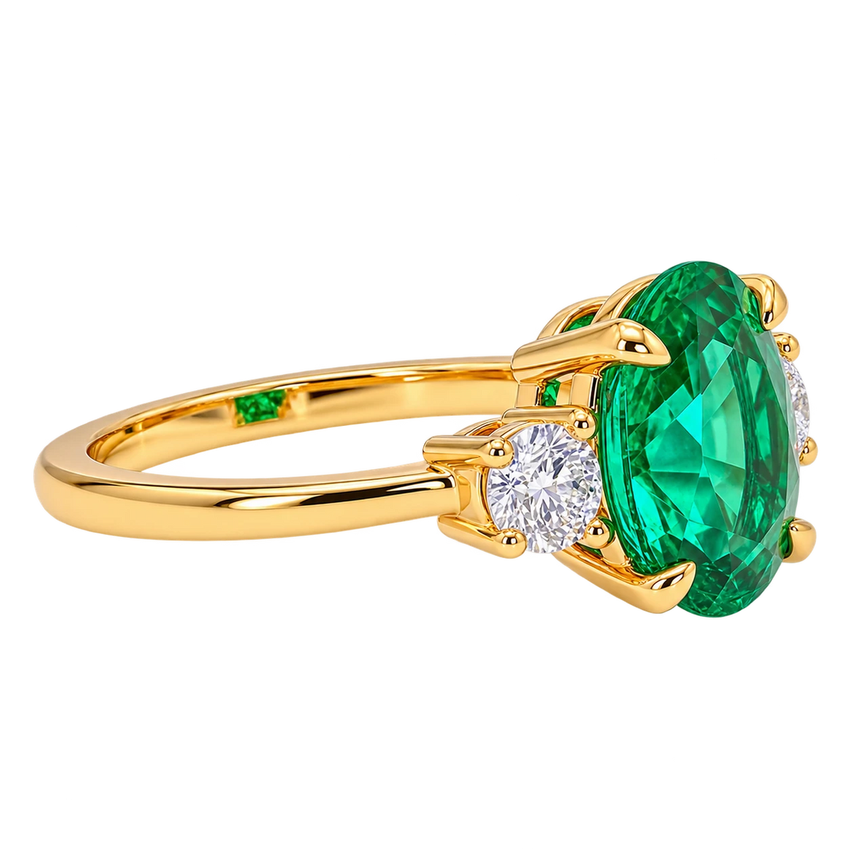 Oval Lab Grown Emerald Three Stone Engagement Ring with Round Side Stones – Timeless Vintage Inspired Bridal Ring