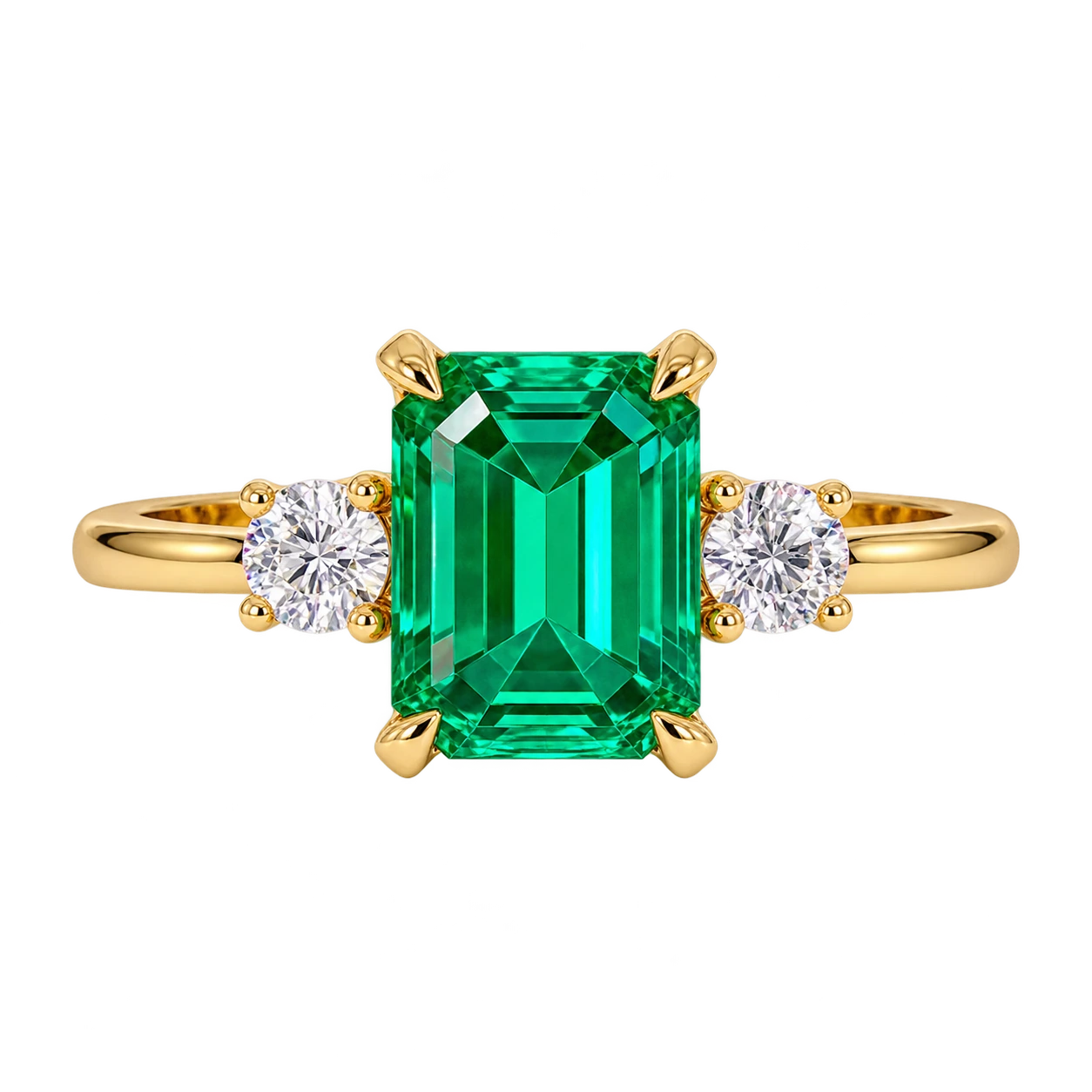 Emerald Cut Lab Grown Emerald Three Stone Engagement Ring with Round Diamond Accents – Classic Solitaire Bridal Ring