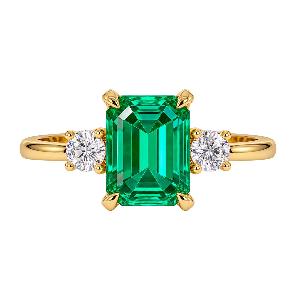 Emerald Cut Lab Grown Emerald Three Stone Engagement Ring with Round Diamond Accents – Classic Solitaire Bridal Ring