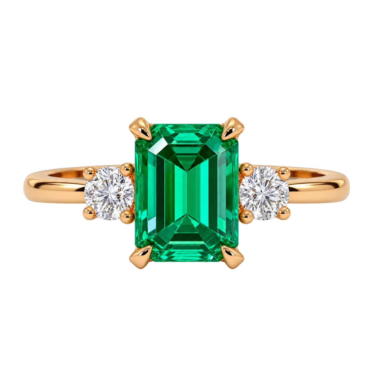 Emerald Cut Lab Grown Emerald Three Stone Engagement Ring with Round Diamond Accents – Classic Solitaire Bridal Ring