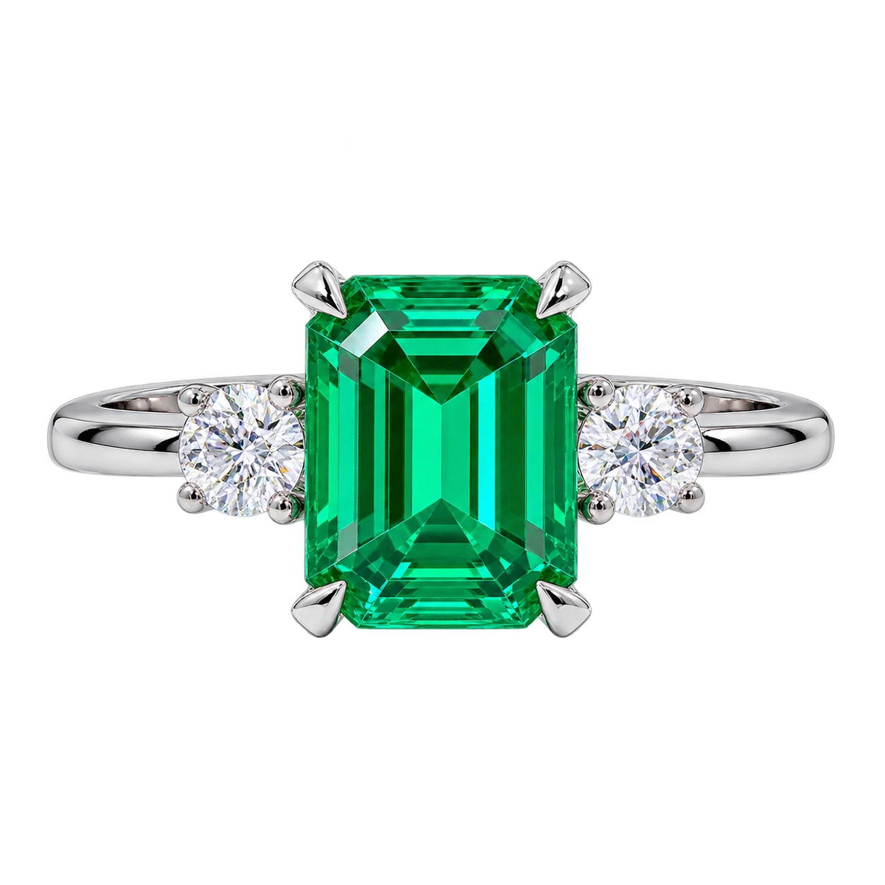 Emerald Cut Lab Grown Emerald Three Stone Engagement Ring with Round Diamond Accents – Classic Solitaire Bridal Ring