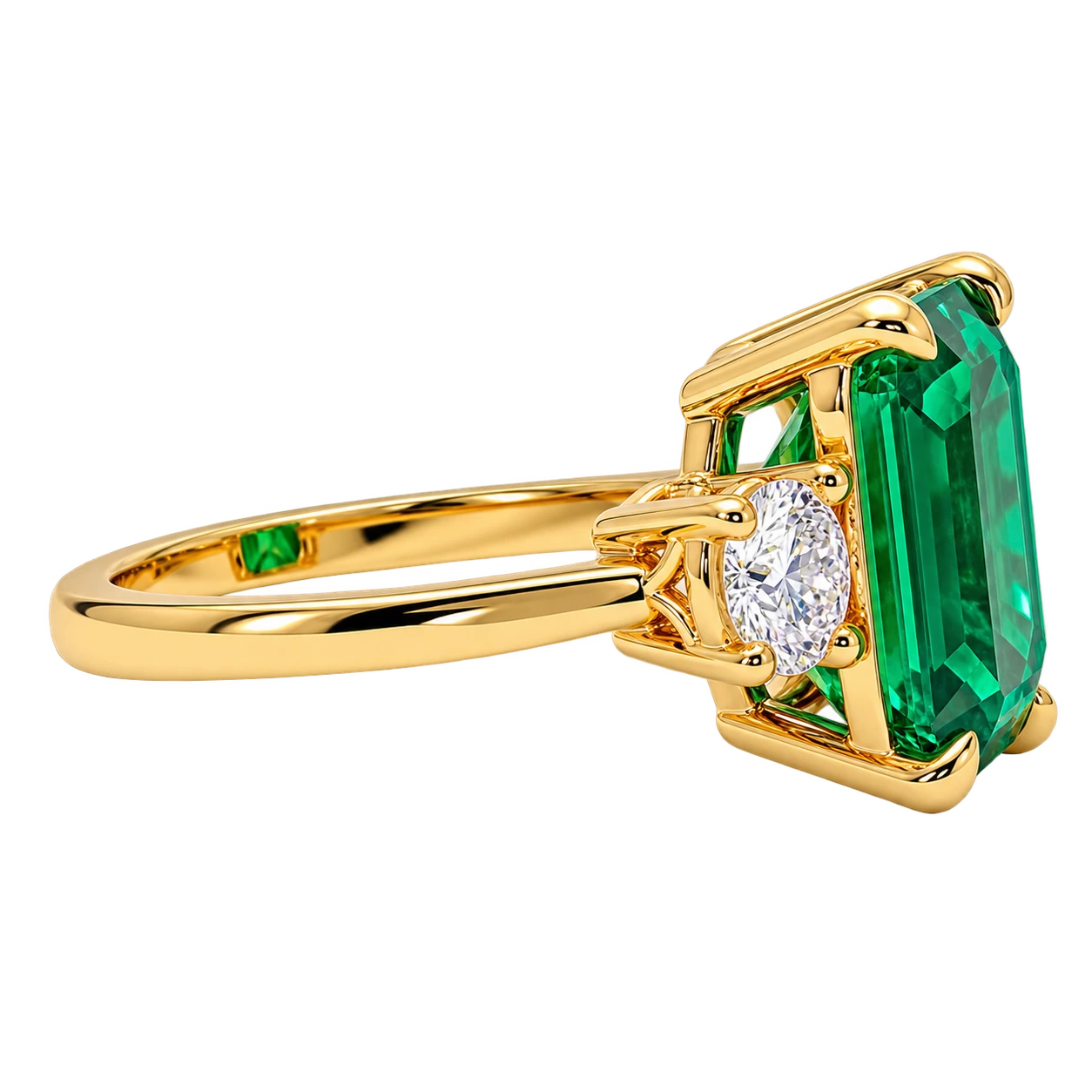 Emerald Cut Lab Grown Emerald Three Stone Engagement Ring with Round Diamond Accents – Classic Solitaire Bridal Ring