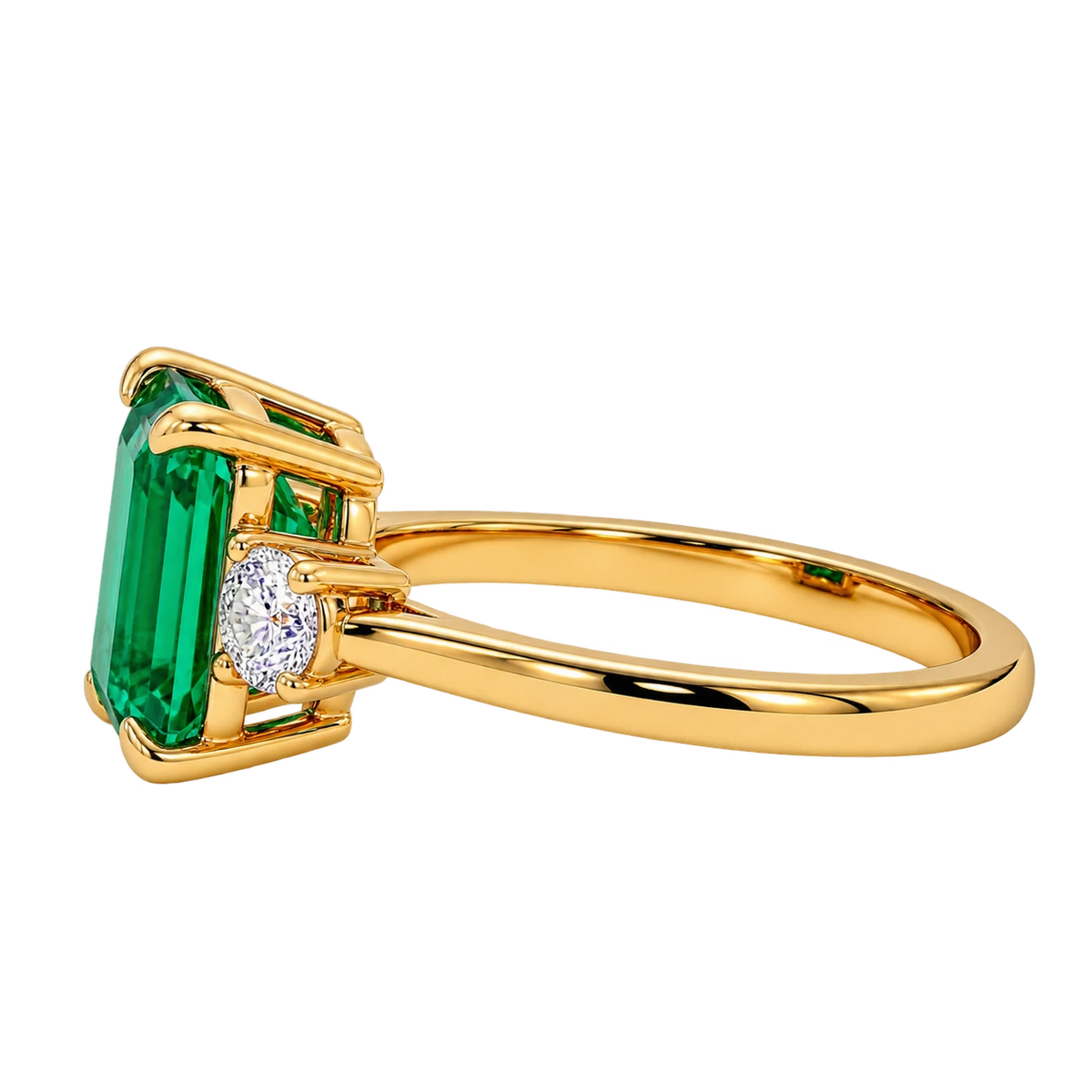 Emerald Cut Lab Grown Emerald Three Stone Engagement Ring with Round Diamond Accents – Classic Solitaire Bridal Ring